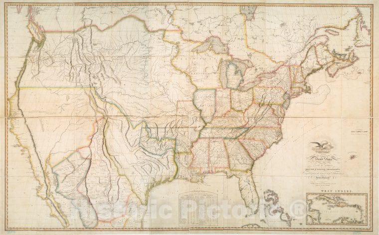 Historic Map - 1816 United States, North America, Map Of The United States With The Contiguous British & Spanish Possessions - Vintage Wall Art