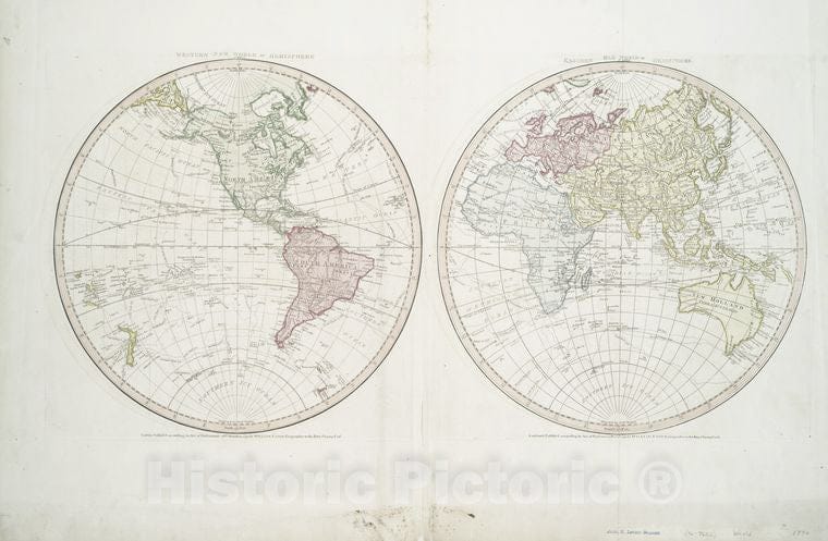 Historic 1790 Map - New World, Or, Western Hemisphere ; Old World, Or, Eastern Hemisphere. - Western Hemisphere - Eastern Hemisphere - Vintage Wall Art