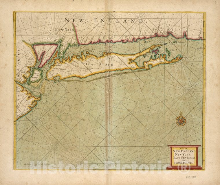 Historic 1702 Map - Part Of New England, New York, East New Iarsey And Long Iland. - Vintage Wall Art