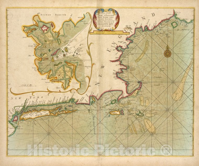 Historic 1702 Map - A Large Draught Of New England, New York And Long Island ; Bosto - Vintage Wall Art