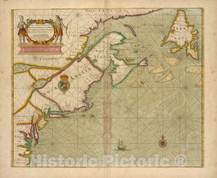 Historic 1702 Map - A New Chart Of The Sea Coast Of Newfound Land, New Scotland, New - Vintage Wall Art