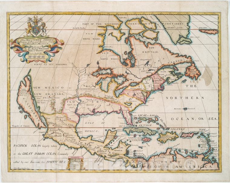 Historic Map - 1719 North America, Caribbean, North America Shewing Its Principal Divisions, Chief Cities, Townes, Rivers, Mountains &C. - Vintage Wall Art