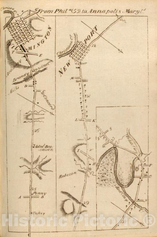 Historic 1789 Map - From Phil[Adelphi]A (53) To Annapolis, Maryld. - Middle Atlantic States - United States - A Survey Of The Roads Of The United States Of America - Vintage Wall Art