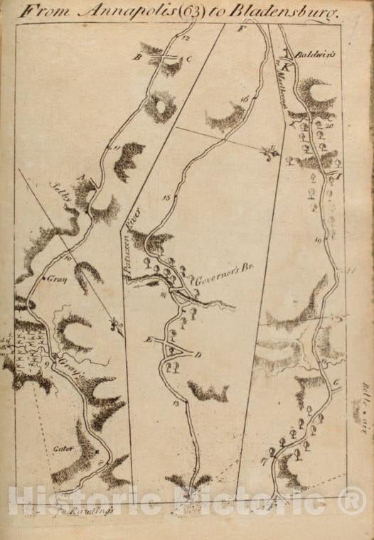 Historic 1789 Map - From Annapolis (63) To Bladensburg. - Middle Atlantic States - United States - A Survey Of The Roads Of The United States Of America - Vintage Wall Art