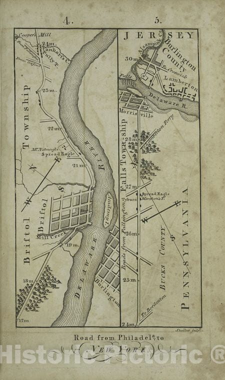 Historic Map - 1802 Philadelphia, Pennsylvania (Pa.), Road From Philadela. To New York, Seg. 4-5. - Vintage Wall Art