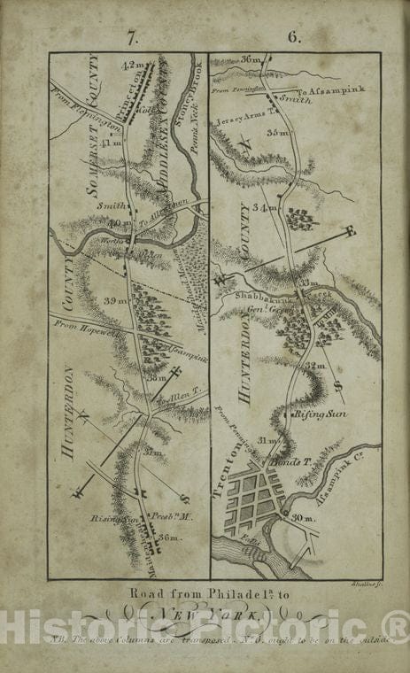 Historic Map - 1802 Philadelphia, Pennsylvania (Pa.), [Road From Philadela. To New York, Seg. 6-7.] - Vintage Wall Art