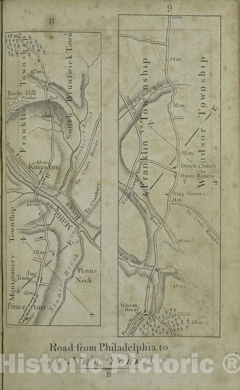 Historic Map - 1802 Philadelphia, Pennsylvania (Pa.), [Road From Philadelphia To New York, Seg. 8-9.] - Vintage Wall Art