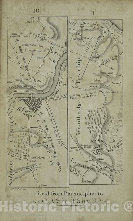 Historic Map - 1802 Philadelphia, Pennsylvania (Pa.), [Road From Philadelphia To New York, Seg. 10-11.] - Vintage Wall Art