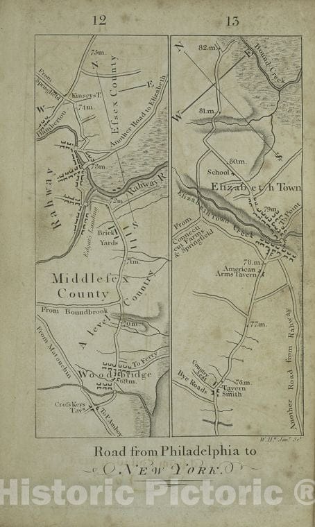 Historic Map - 1802 Philadelphia, Pennsylvania (Pa.), [Road From Philadelphia To New York, Seg. 12-13.] - Vintage Wall Art