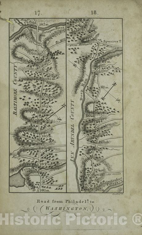 Historic Map - 1802 Philadelphia, Pennsylvania (Pa.), [Road From Philadela. To Washington, Seg. 17-18.] - Vintage Wall Art