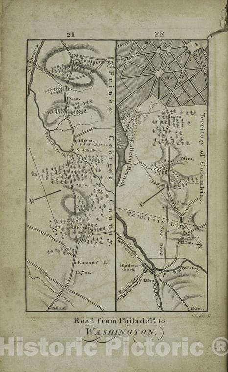 Historic Map - 1802 Philadelphia, Pennsylvania (Pa.), Road From Philadela. To Washington, Seg. 21-22. - Vintage Wall Art