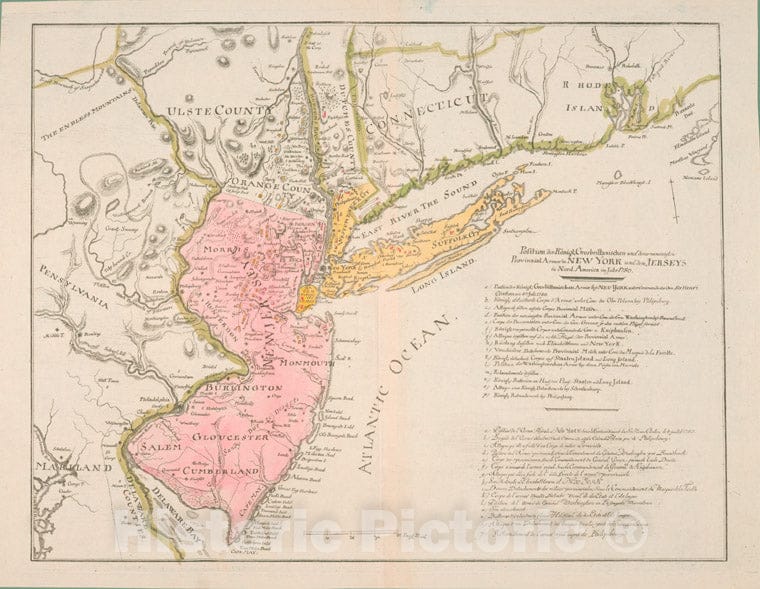 Historic 1780 Map - Position Der Kanigl; Grosbrittanischen Und Derer Vereinigten Pr - Middle Atlantic States - New Jersey - New York (State) - Charts And Maps - Vintage Wall Art