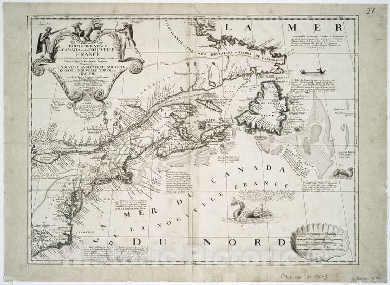 Historic 1689 Map - Partie Orientale Du Canada Ou De La Nouvelle France : Ou Sont Le - Canada - North Americamaps Of North America. - Canada - Vintage Wall Art