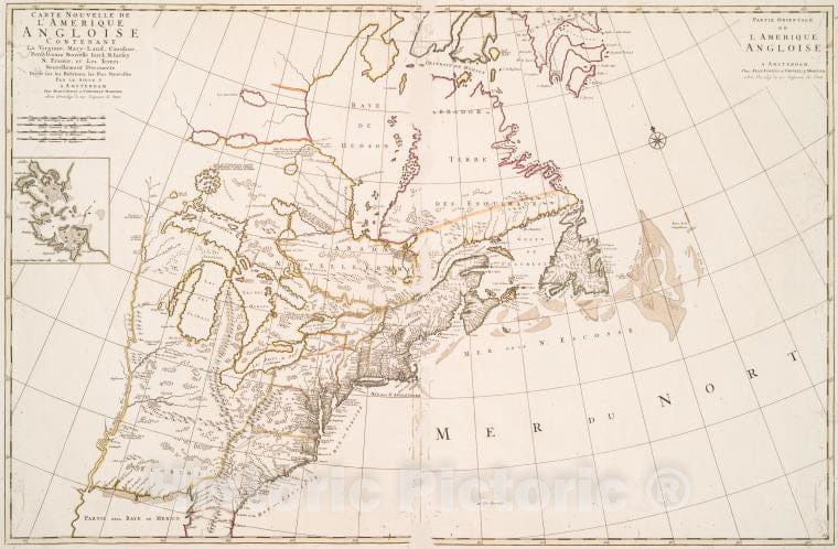 Historic 172-? Map - Carte Nouvelle De L'Amerique Angloise : Contenant La Virginie, M - North America - Charts And Maps - Vintage Wall Art