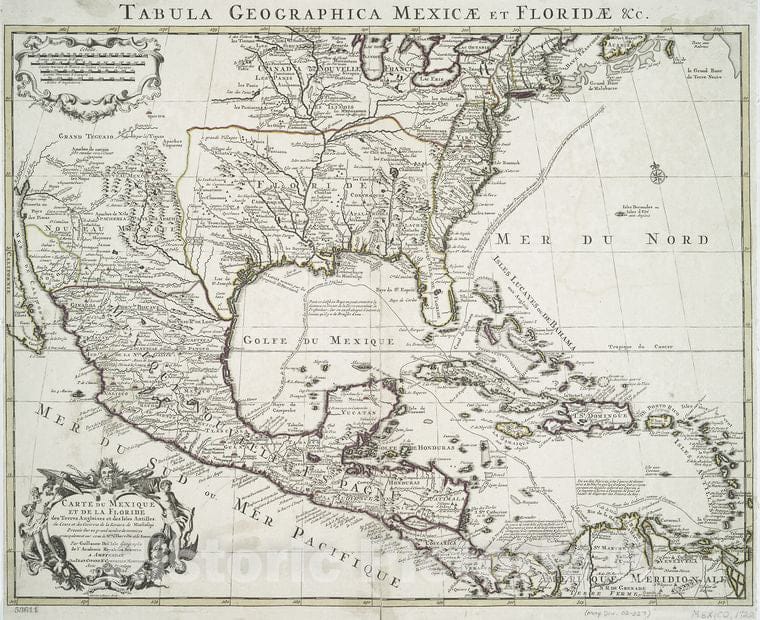 Historic 1722 Map - Carte Du Mexique Et De La Floride : Des Terres Angloises Et Des - Mexico - North Atlantic Ocean - Caribbean Areamaps Of North America. - Vintage Wall Art