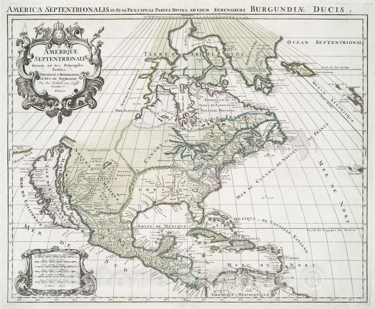 Historic 1694 Map - Amerique Septentrionale Divisee En Ses Principales Parties. - North America - Charts And Maps - Vintage Wall Art