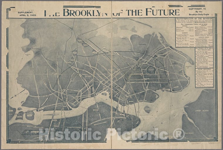 Historic 1903 Map - The Brooklyn Of The Future. - Brooklyn (New York, N.Y.) Maps Of New York City And State - Brooklyn - Vintage Wall Art