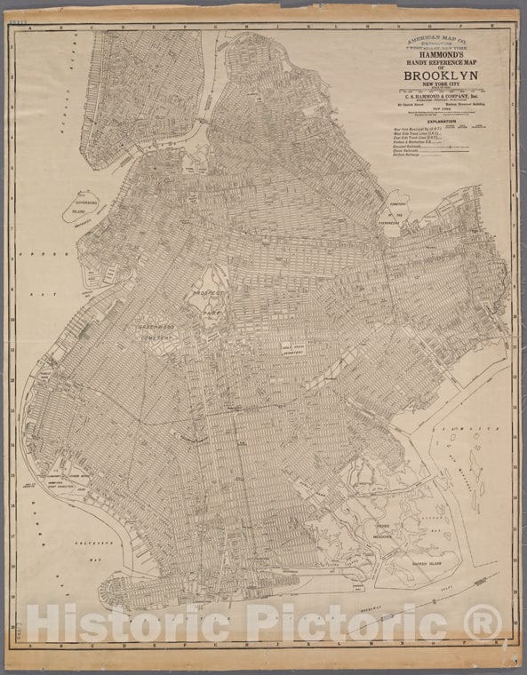 Historic 1920 Map - Hammond'S Handy Reference Map Of Brooklyn, N. Y. C. - Brooklyn (New York, N.Y.) Maps Of New York City And State - Brooklyn - Vintage Wall Art, V2