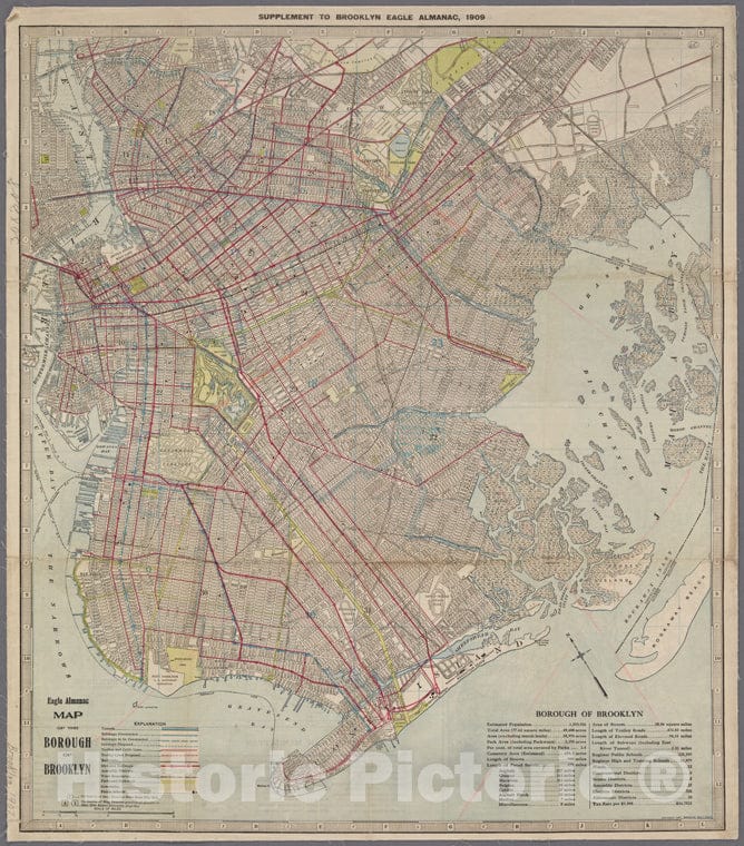 Historic 1907 Map - Eagle Almanac Map Of The Borough Of Brooklyn. - Brooklyn (New York, N.Y.) Maps Of New York City And State - Brooklyn - Vintage Wall Art