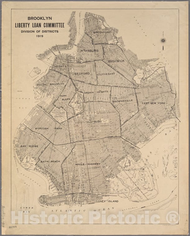 Historic 1919 Map - Brooklyn - Liberty Loan Committee - Division Of Districts. - Brooklyn (New York, N.Y.) Maps Of New York City And State - Brooklyn - Vintage Wall Art