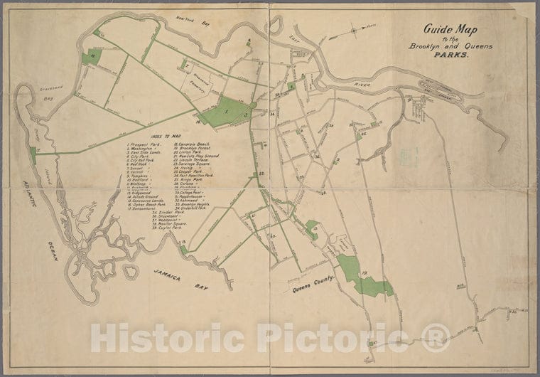 Historic C.1900 Map - Guide Map To The Brooklyn And Queens Parks. - Brooklyn (New York, N.Y.) Maps Of New York City And State - Brooklyn - Vintage Wall Art