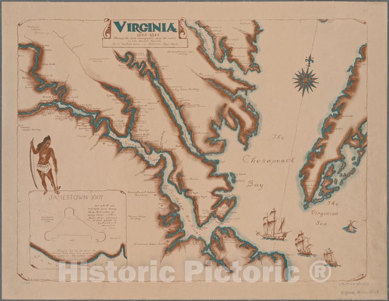 Historic 1955 Map - Virginia, 1602-1622 : Showing The Most Remarqueable Parts Thus Named In The Ancient Records. 1955 - Virginiamaps Of North America. - Virginia - Vintage Wall Art