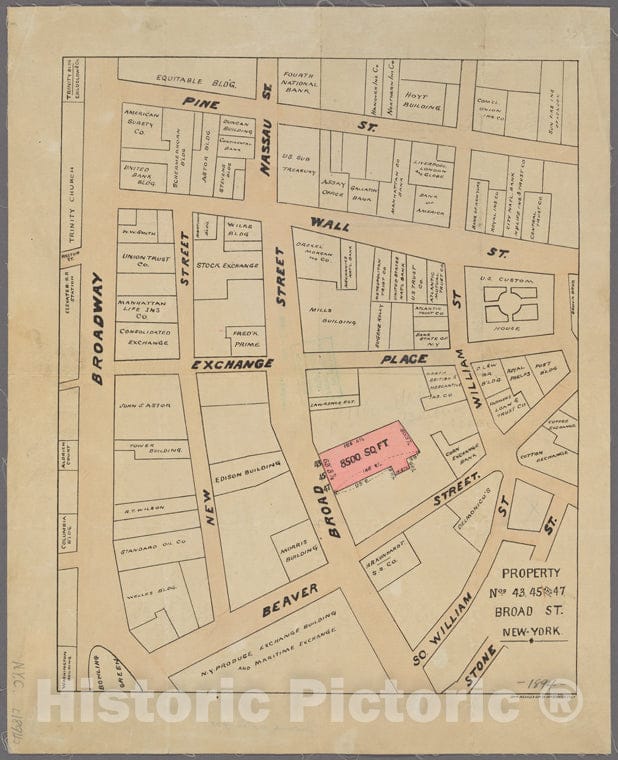 Historic 1894 Map - Property Nos. 43, 45, 47 Broad St, New York.Of New York City And State - Manhattan - Vintage Wall Art