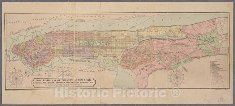 Historic Map - 1885 Manhattan (New York, N.Y.), Monteith'S Map Of The City Of New York : Showing The Wards, Grammar And Primary Schools, Etc. - Vintage Wall Art