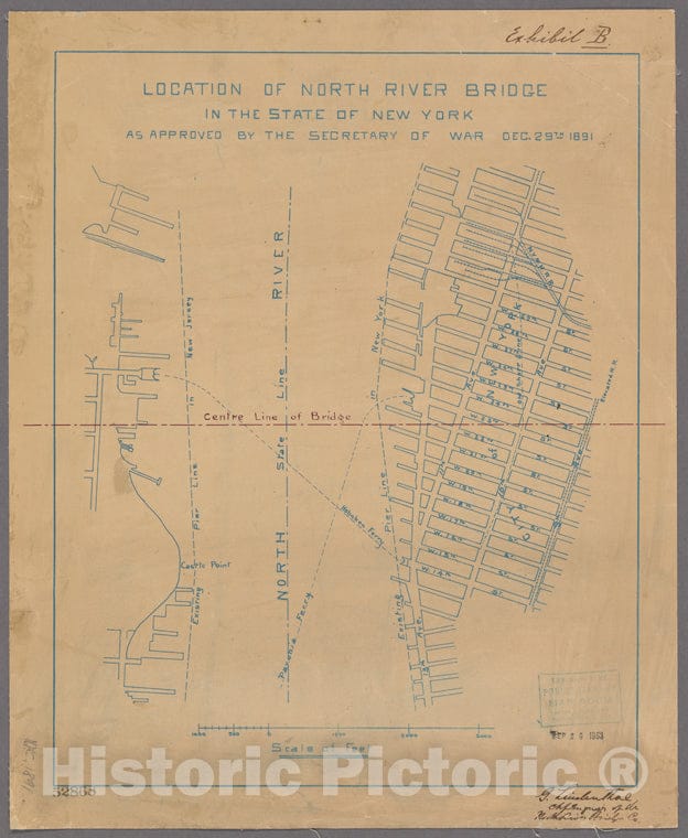 Historic 1891 Map - Location Of North River Bridge In The State Of New York As Approof New York City And State - Manhattan - Vintage Wall Art