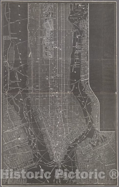 Historic 1884 Map - [Negative Photostat Of] Trow Map, South Of 110Th St.Of New York City And State - Manhattan - Vintage Wall Art