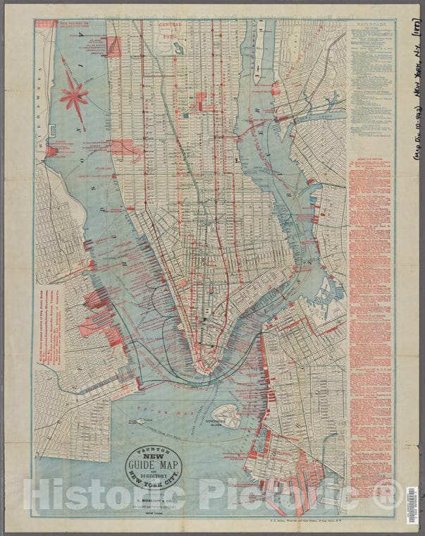 Historic 1883 Map - Taunton New Guide Map And Directory Of New York City - Vintage Wall Art