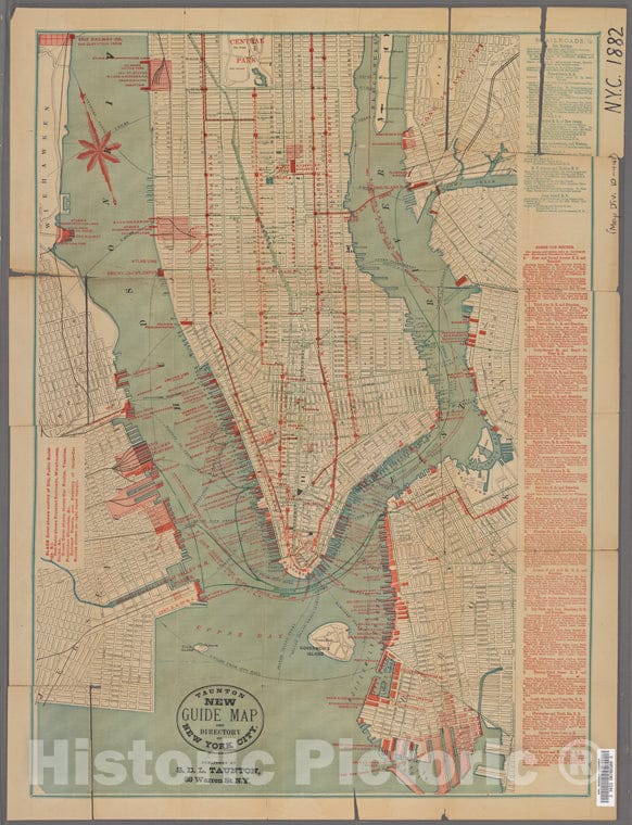 Historic 1882 Map - Taunton'S New Guide Map And Directory Of New York City.Of New York City And State - Manhattan - Vintage Wall Art