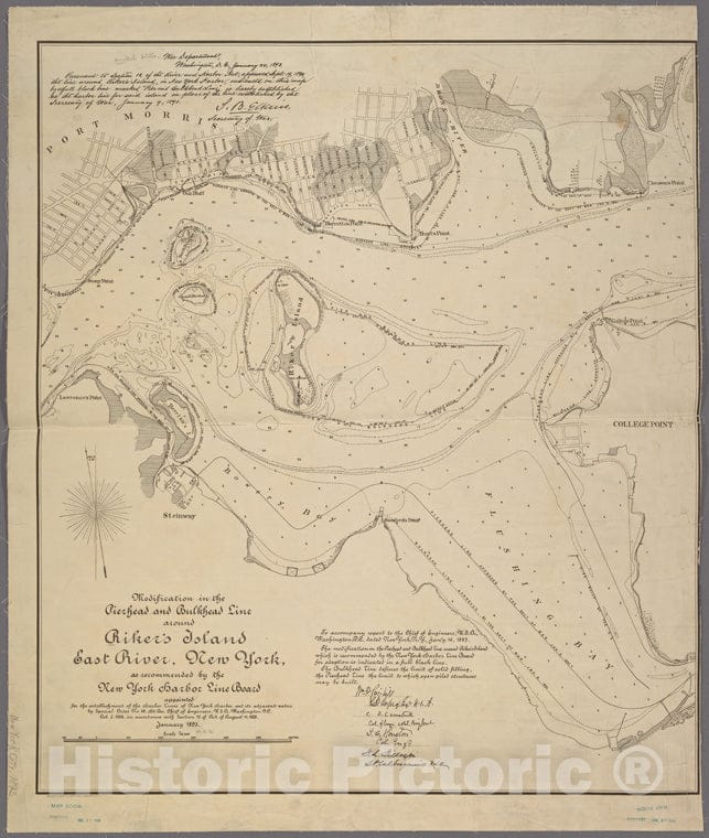 Historic 1893 Map - Modification In The Pierhead And Bulkhead Line Around Rikers Islof New York City And State - Manhattan - Vintage Wall Art