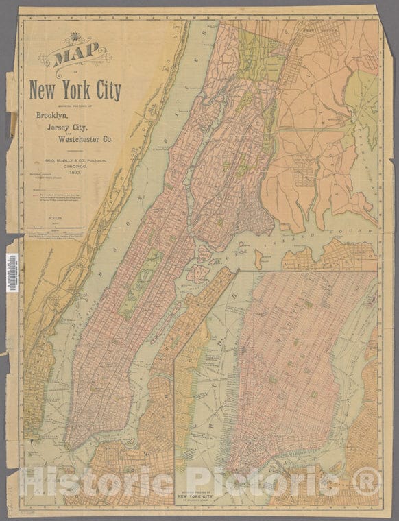 Historic 1893 Map - Map Of New York City Showing Portions Of Brooklyn, Jersey City, Westchester Co.Of New York City And State - Manhattan - Vintage Wall Art