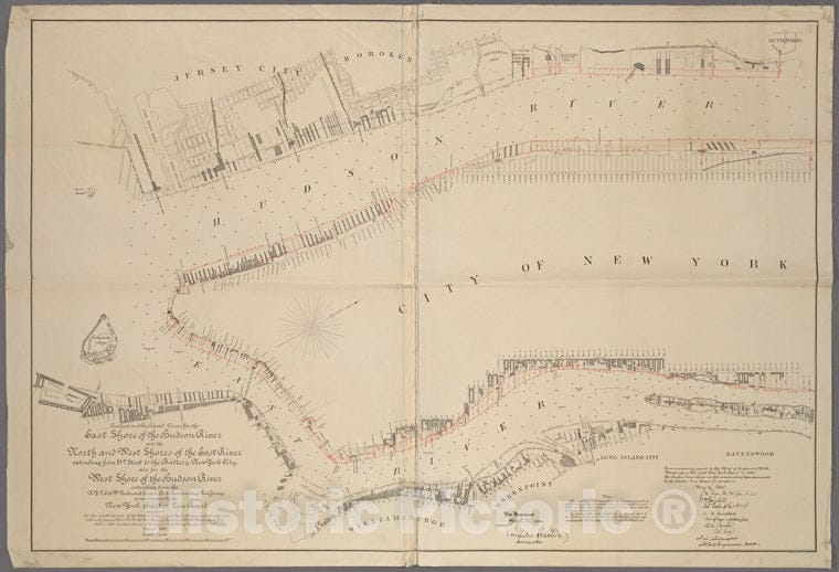 Historic 1890 Map - Pierhead And Bulkhead Lines For The East Shore Of The Hudson Rivof New York City And State - Manhattan - Vintage Wall Art