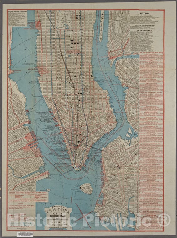 Historic 1878 Map - Edsalls' New York City Guide Map - Vintage Wall Art