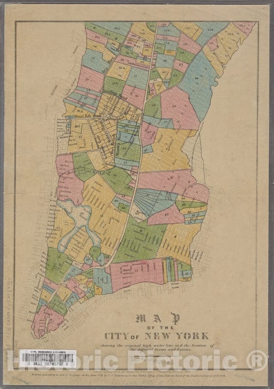 Historic Map - 1852 Manhattan (New York, N.Y.), Of The City Of New York : Shewing The Original High Water Line And The Location Of The Different Farms And Estates. - Vintage Wall Art