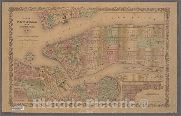 Historic 1855 Map - Map Of New York And The Adjacent Cities.Of New York City And State - Manhattan - Vintage Wall Art