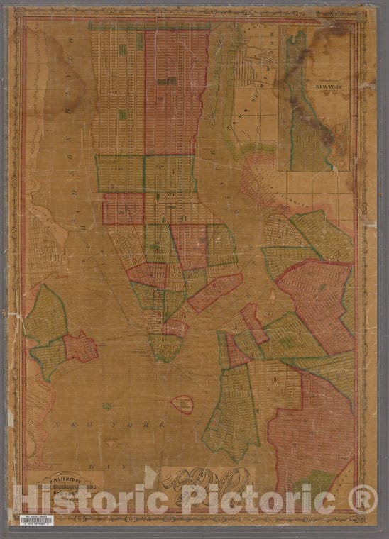 Historic Map - 1855 Manhattan (New York, N.Y.), Fannings Map Of New York : Shewing The Entire Isnald With The Cities Of Brooklyn And Williamsburgh. - Vintage Wall Art