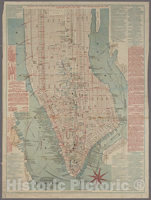 Historic 1877 Map - Citizens And Travelers' Guide Map In, To, And From The City Of New York And Adjacent Places.Of New York City And State - Manhattan - Vintage Wall Art, v2