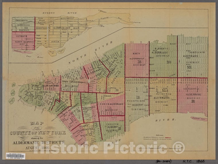 Historic 1866 Map - Map Of The County Of New York Showing The Aldermanic Districts.Of New York City And State - Manhattan - Vintage Wall Art