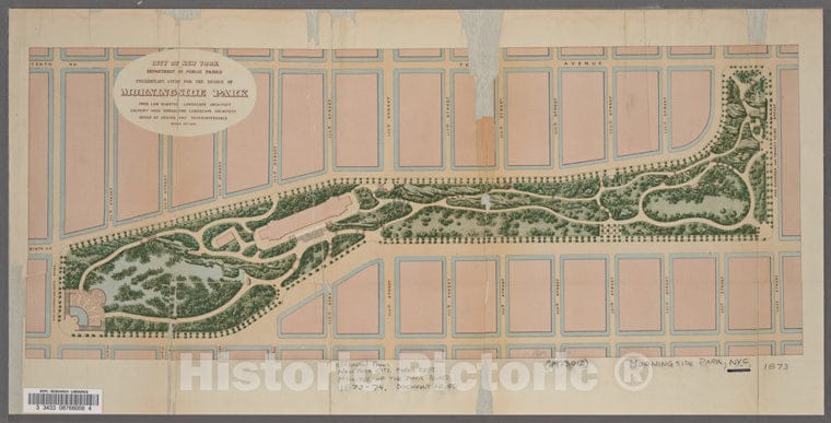 Historic 1914 Map - Preliminary Study For The Design Of Morningside Park [1873].Of New York City And State - Manhattan - Vintage Wall Art