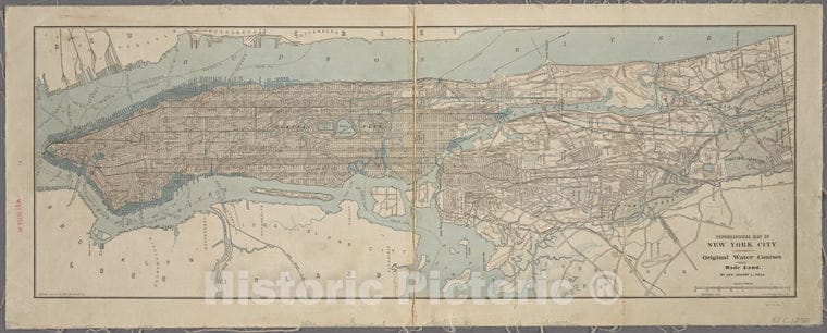 Historic 1874 Map - Topographical Map Of New York City : Showing Original Water Cour - Vintage Wall Art