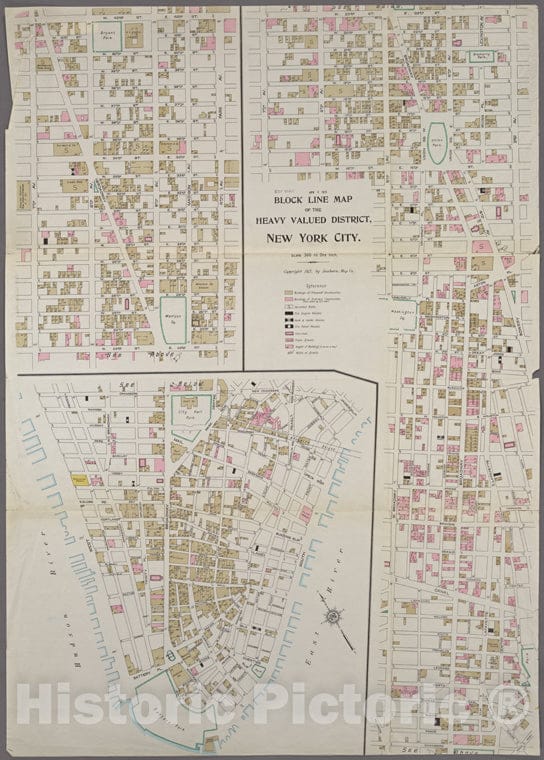 Historic 1913 Map - Block Line Map Of The Heavy Valued District, New York City.Of New York City And State - Manhattan - Vintage Wall Art