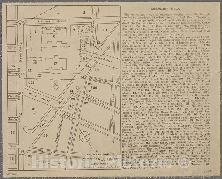 Historic 1910 Map - Alandmark Map Of City Hall Park.Of New York City And State - Manhattan - Vintage Wall Art