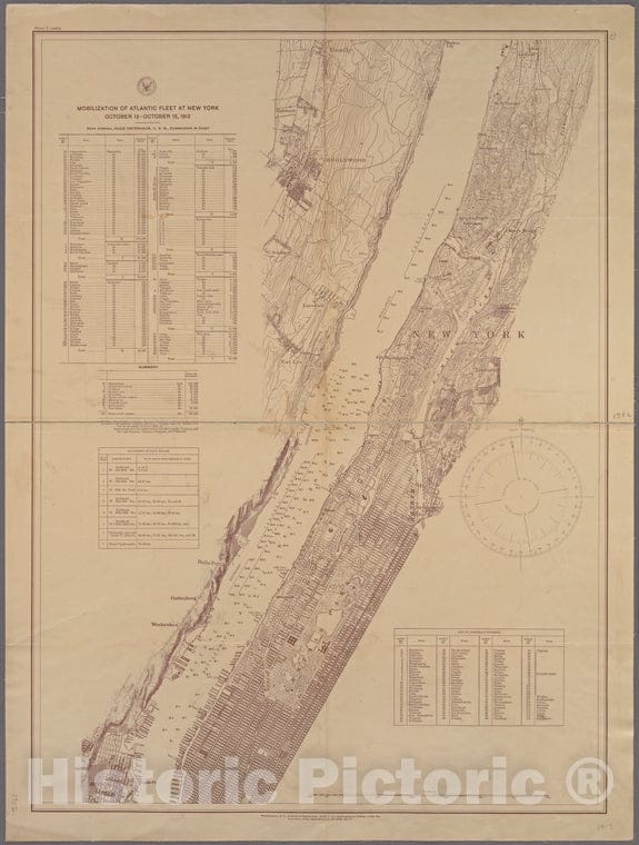 Historic 1912 Map - Mobilization Of The Atlantic Fleet At New York, October 12 - October 15, 1912.Of New York City And State - Manhattan - Vintage Wall Art