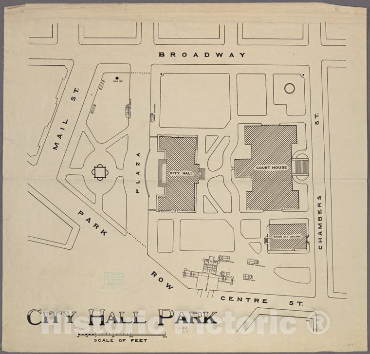 Historic 1914 Map - City Hall Park Showing Court House Site.Of New York City And State - Manhattan - Vintage Wall Art