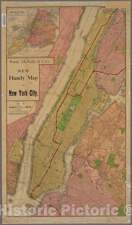 Historic 1908 Map - New Handy Map Of New York City.Of New York City And State - Manhattan - Vintage Wall Art