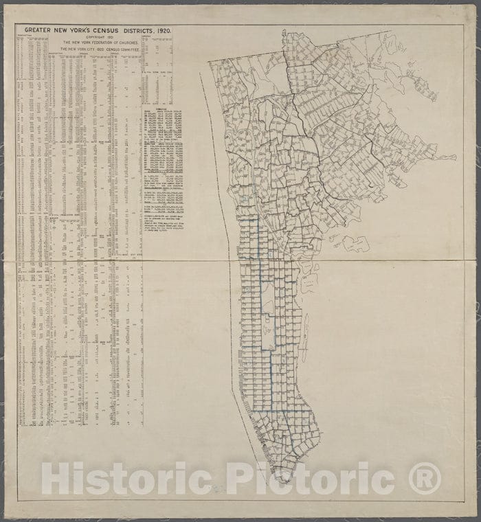 Historic 1920 Map - Greater New York'S Census Districts, 1920 : Compiled From Map Prof New York City And State - Manhattan - Vintage Wall Art