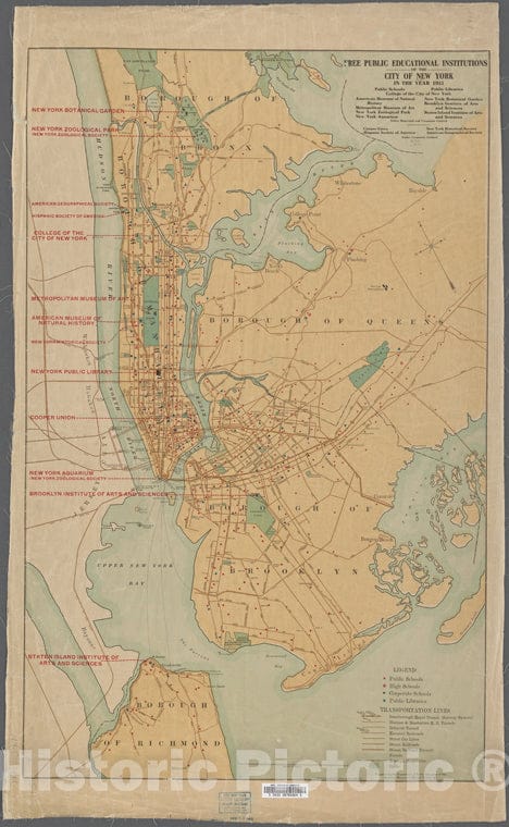 Historic 1911 Map - New York City Free Public Educational Institutions, 1911 ; Prepaof New York City And State - Manhattan - Vintage Wall Art